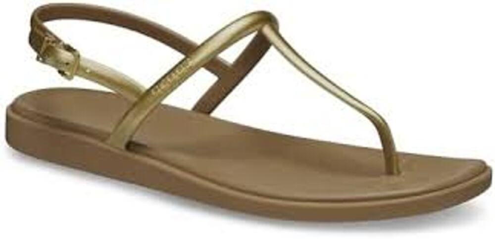 CROCS Women's Metallic Gold T-Strap Sandals with Tan Footbed